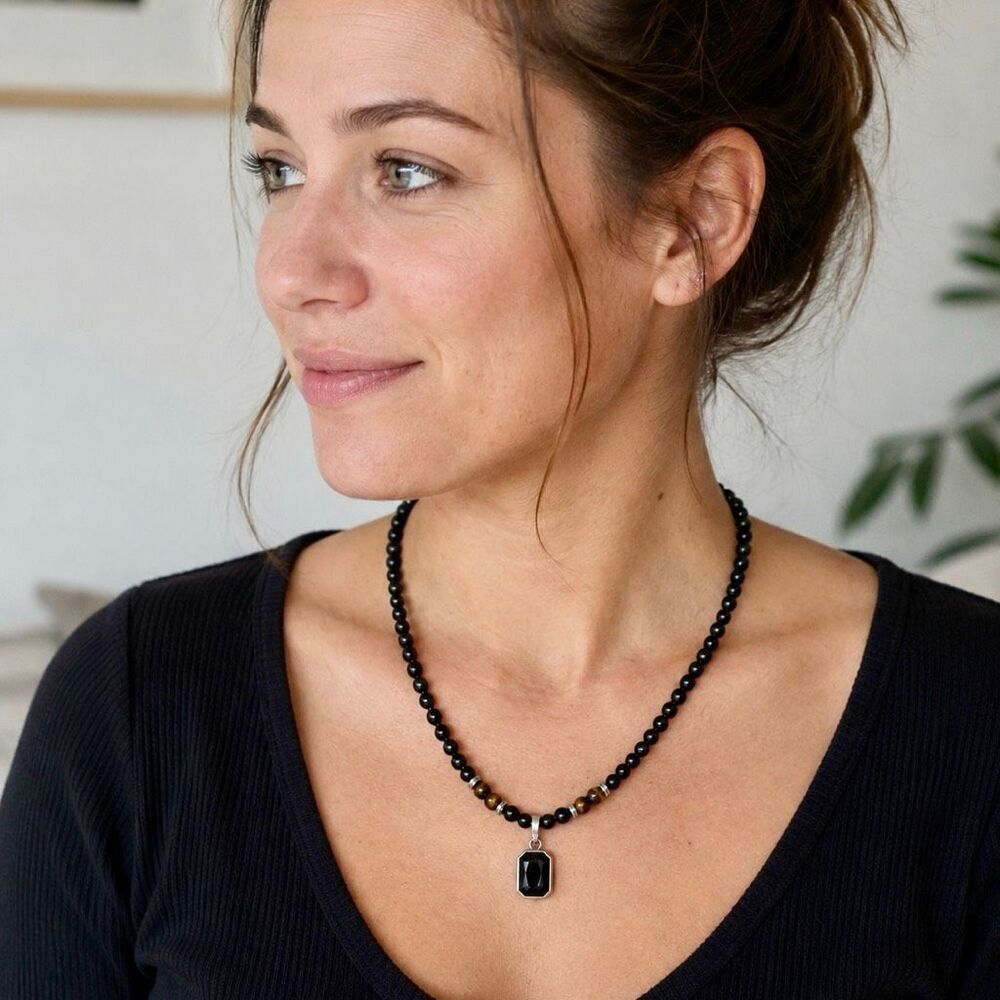 Black Beaded Pendant Necklace with Tiger Eye Accents